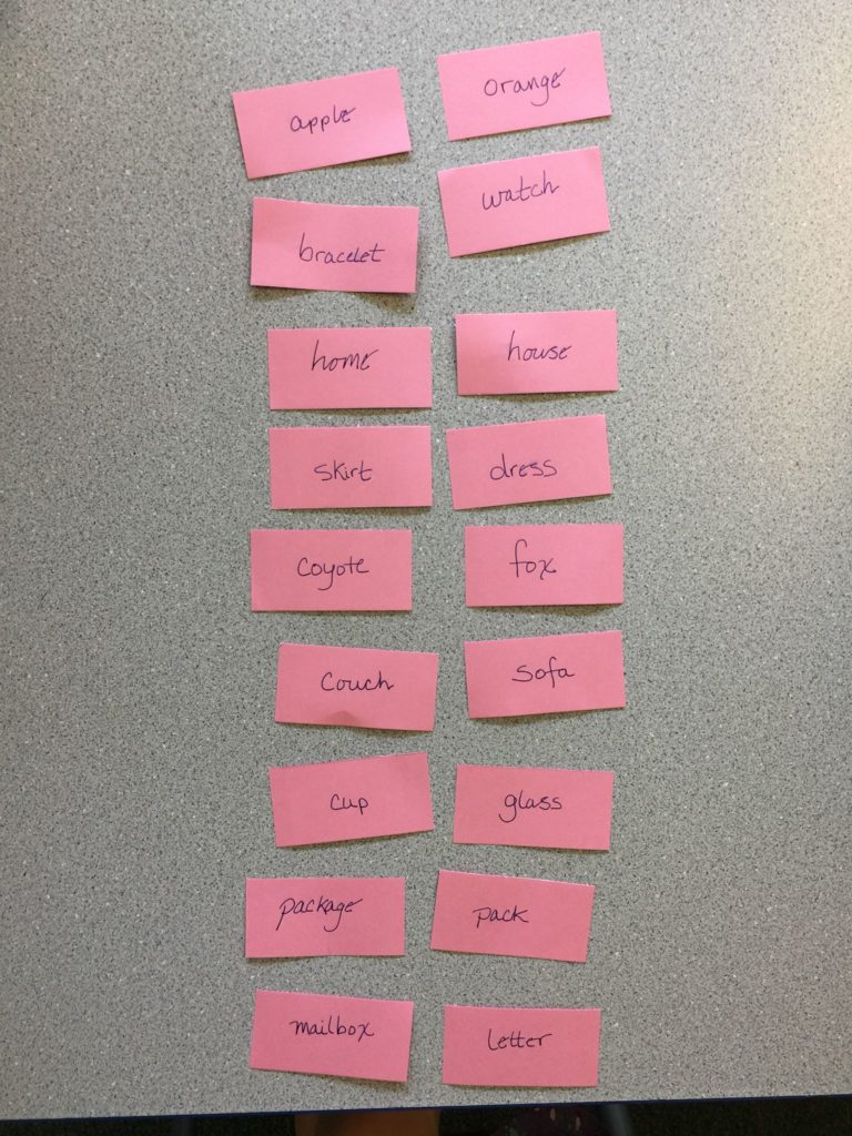 18 words sorted into 9 groups of two, based on word meaning.
